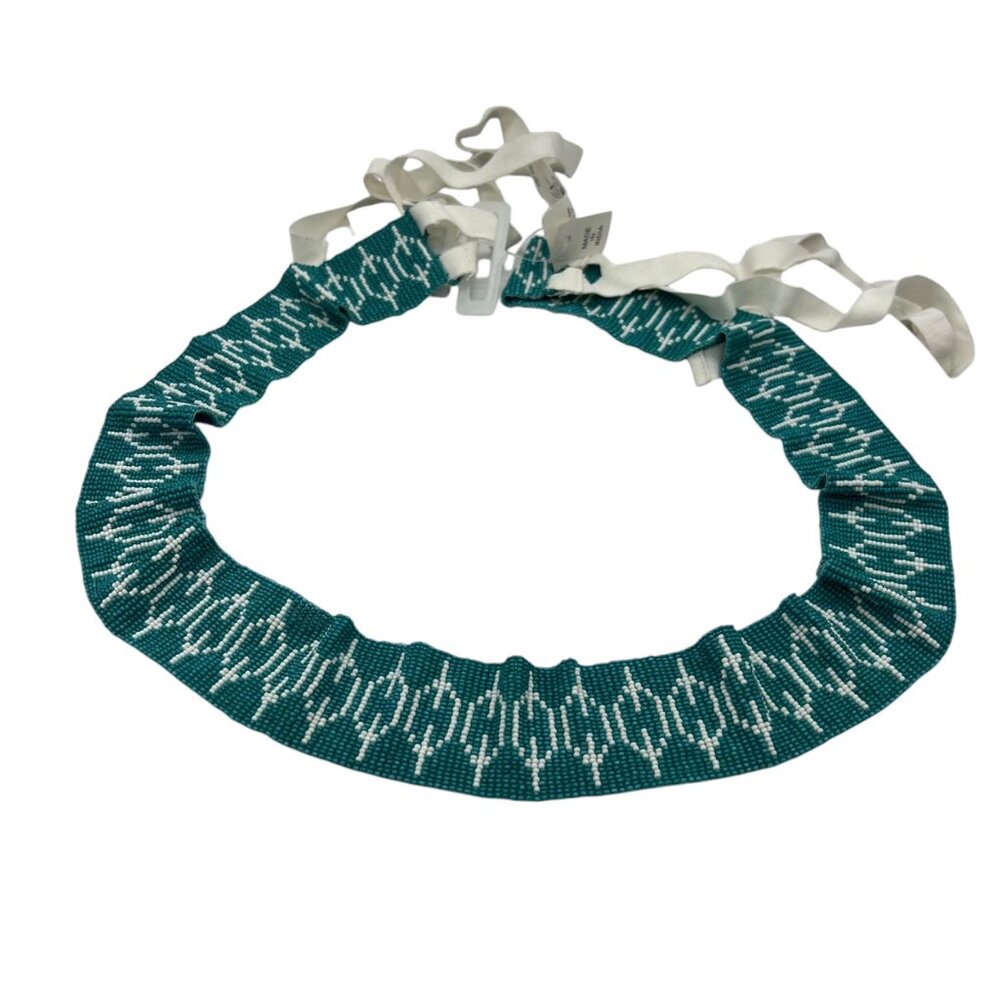 Ann Taylor Loft Teal White Beaded Belt With Ribbon Tie Women XL India Made NWT